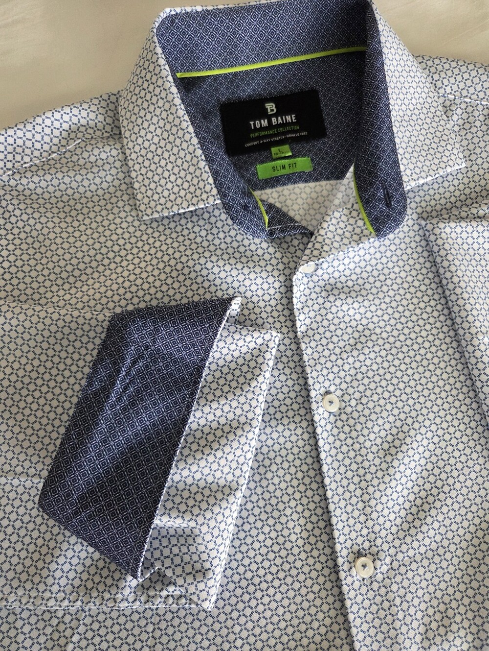 Tom Baine Performance Shirt Mens L 16-16.5 Slim Fit 4-Way Stretch Geometric